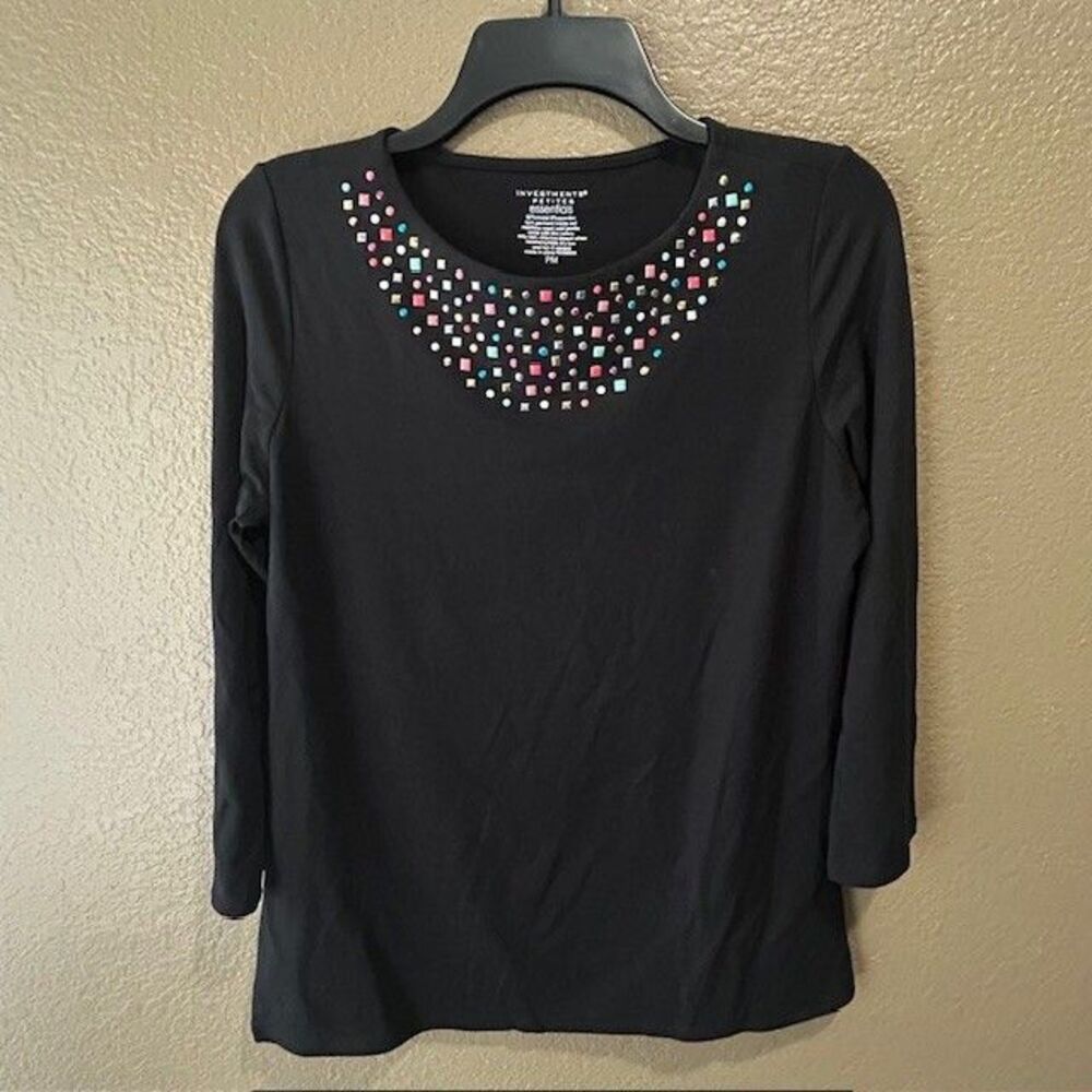 Investments  Essentials Black Colorful Studed Long Sleeve Womens Top Pet Medium